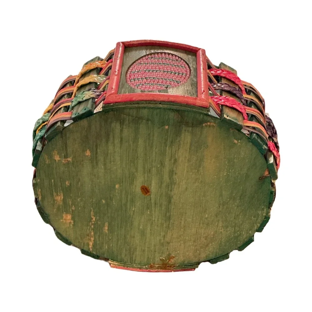 Vintage Multi Color Woven Wood Easter Basket Beaded Detail Boho Decor 13in Tall